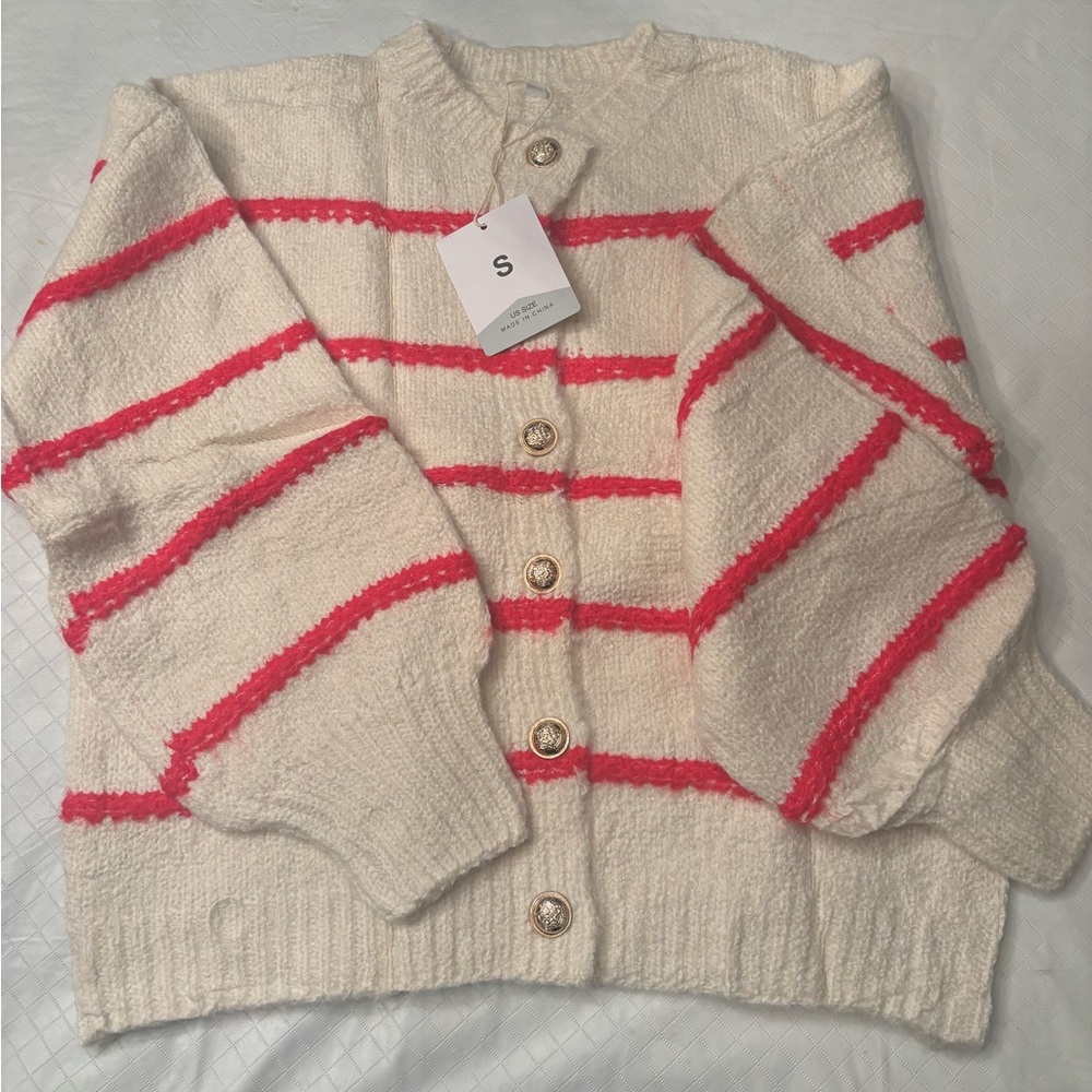 CLEARANCE! Chic Cream and Pink Striped Women's Cardigan